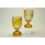 Two Bohemian amber overlay glass goblets, one engraved with a capercaillie in woodland,