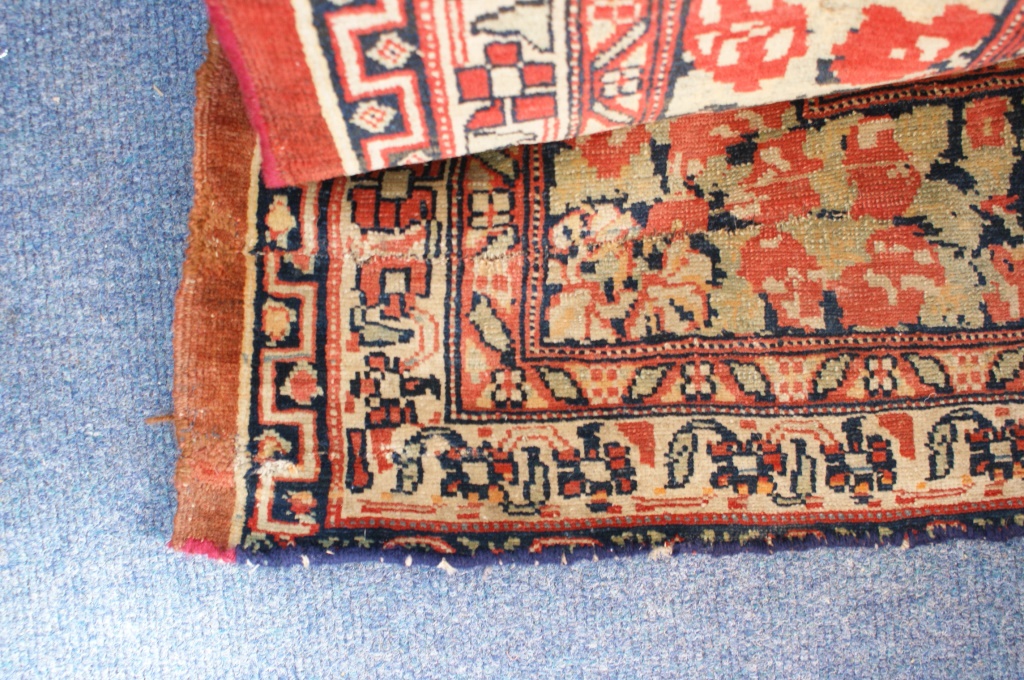 Hamadan woollen carpet, central red medallion against a yellow-fawn ground, - Image 5 of 8