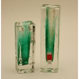 Two German Schott Zwiesel glass vases, each of green tinted square section,