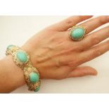 Chinese silver filigree and turquoise bracelet and matching dress ring,