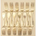 Set of twelve Victorian silver fiddle pattern dessert forks by James and Josiah Williams,