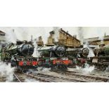 Bernard Jones (Contemporary), Steaming out of the sheds, locomotives 6013, 6864 and 4950,