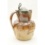 Victorian silver mounted salt glazed hunting jug, domed hinged cover with thumbpiece,