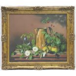 M Dipnall (Contemporary), Still life with copper jug, blackberries, apples and ivy,