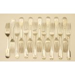 Twelve Victorian silver fiddle pattern dinner forks by Joseph and Albert Savory, London 1847/8,