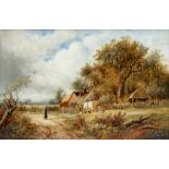 Joseph Thors (active 1863-1900), Figure on a lane before a thatched cottage, signed oil on canvas,