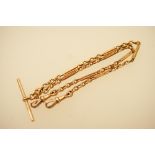 9ct gold fancy bar link double watch albert with T-bar, length 33cm, weight approx. 8.