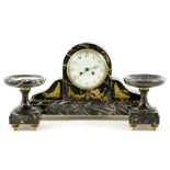 French black marble clock garniture, circa 1900, white enamelled dial with Arabic numerals,