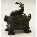Continental bronze incense burner, late 19th Century, surmounted with a recumbent stag,