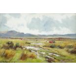Henry Hadfield Cubley (1858-1934), Cattle grazing on a moorland landscape, signed oil on board,