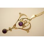 Edwardian 9ct gold amethyst and seed pearl openwork pendant, 35mm,