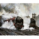 Bernard Jones (Contemporary), Smoke and steam, locomotives 6125 and 6130 pulling out of a station,