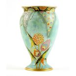 Carltonware Devil's Copse vase, inverted baluster form with wide neck, turquoise ground, printed,