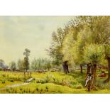 John Pedder (1850-1929), Near Cookham, a tranquil water meadow in summer, watercolour,