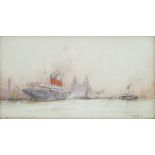 William Minshall Birchall (1884-1941), The busy Mersey, with a four funnelled liner at dockside,