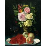 Blom (Belgian, 19th Century), Still life with flowers in a vase, redcurrants and peaches on a plate,