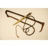 Victorian antler mounted carriage riding crop; also a brass and rosewood handled ornamental dagger,