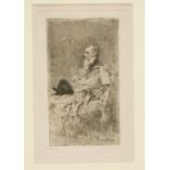 Drypoint etching of the Duke of Wellington in his later years, seated with his hat on his lap,