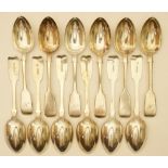 Twelve Victorian silver fiddle pattern dessert spoons by James and Josiah Williams, Exeter 1854,