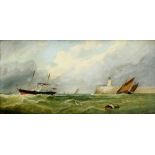H Bronhill (late 19th Century), Paddle steamer leaving harbour, signed oil on board,
