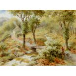 James Barnes (1870-1923), Faggot gatherers crossing the stream, signed watercolour,