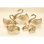 Six West German silver mounted cut glass swan form trinket dishes, modern import marks,