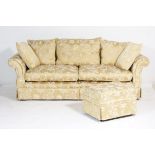 Quality modern upholstered three seater settee finished in gold chinoiserie damask, width 223cm,