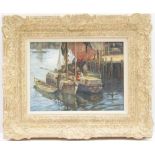 F Lorzner, Fishing boats in a harbour, signed oil on board,