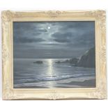 H L Braunston (early 20th Century), Moonlight off the Cornish Coast, oil on canvas,