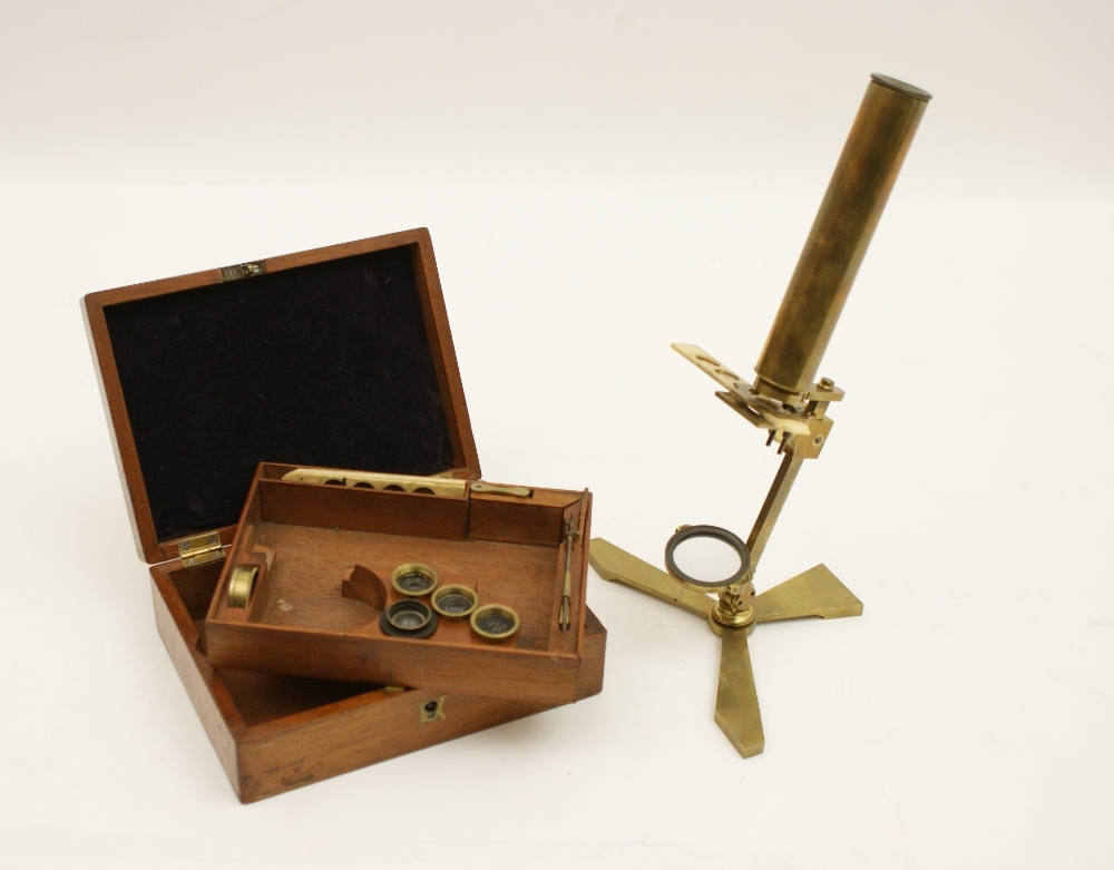 Mahogany cased field microscope, late 19th Century, with lenses and bone specimen slides,