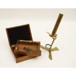 Mahogany cased field microscope, late 19th Century, with lenses and bone specimen slides,