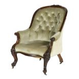 Victorian mahogany and upholstered gentleman's armchair, circa 1870, spoon shaped back,