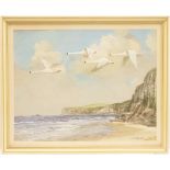 Reuben Ward Binks (1880-1950), Wartime Mute Swans heading from the coast, gouache,