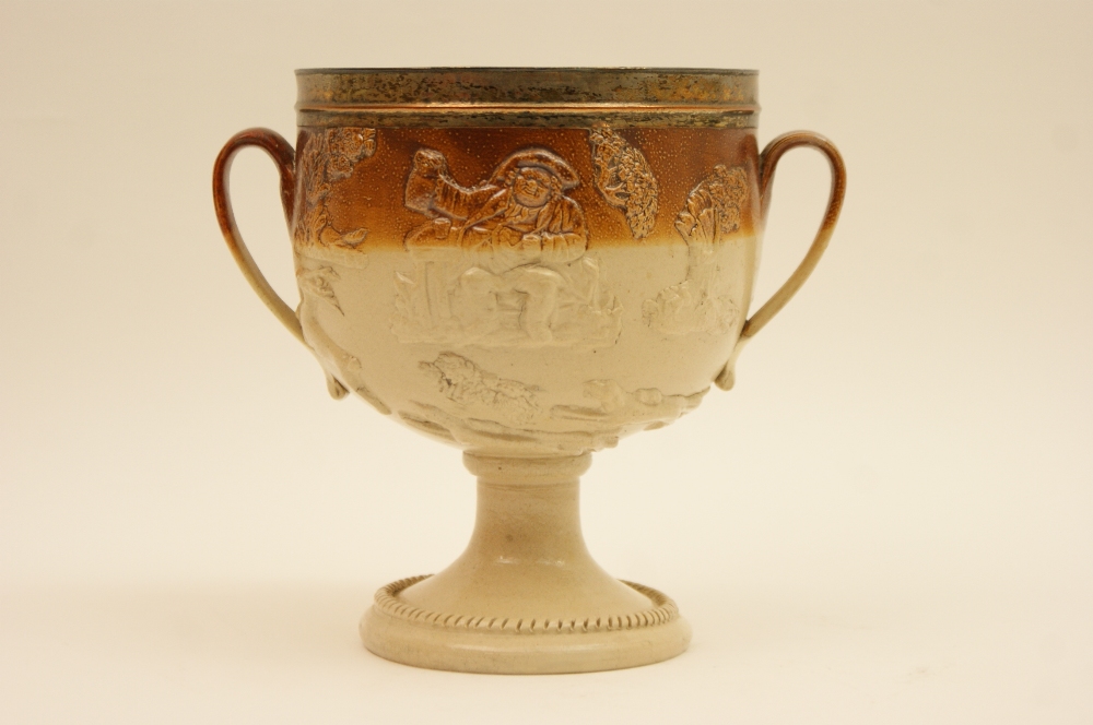 Early Victorian salt glazed stoneware hunting loving cup, - Image 2 of 8