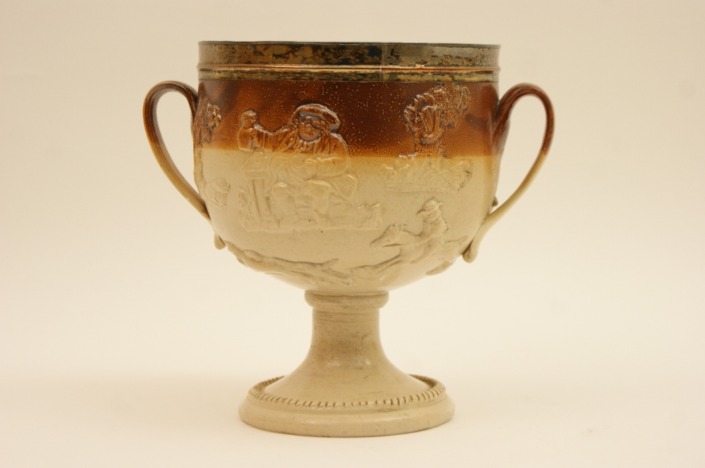 Early Victorian salt glazed stoneware hunting loving cup,