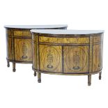 Pair of satinwood and marquetry bow front side cabinets in the Sheraton style,