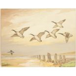 Reuben Ward Binks (1880-1950), Canada Geese heading out over the estuary, gouache, signed,