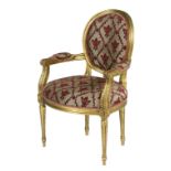 French style giltwood open armchair, 20th Century, cameo shaped upholstered back and seat,