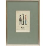 After Laurence Stephen Lowry (1887-1976), 'Three Men and a Cat' coloured reprographic print,