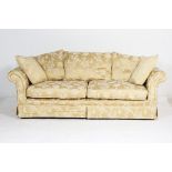 Quality modern upholstered three seater settee finished in gold chinoiserie damask, width 223cm,