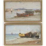 Giuseppe Carelli (1858-1921), Pair, Boats moored on the shoreline, Bay of Naples,