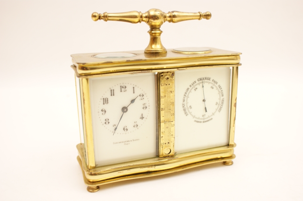 Late Victorian or Edwardian brass clock barometer, with T-bar handle,