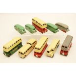 Four Dinky streamlined buses, open chassis type, one grey with red wheel covers,