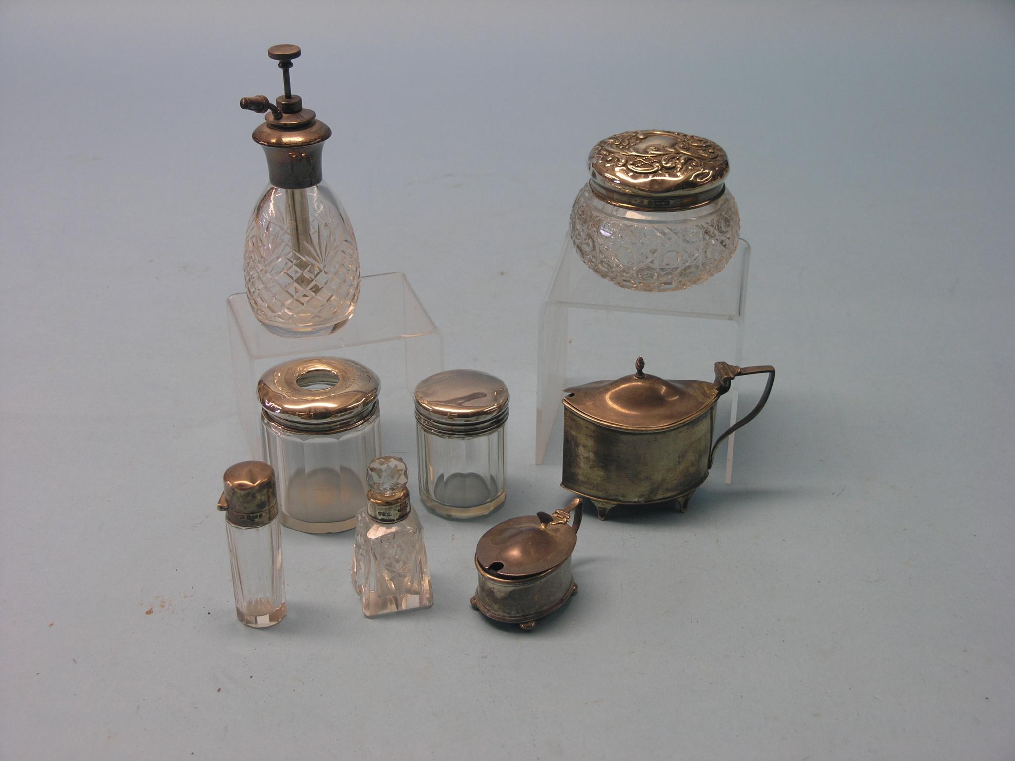 Dressing table silver, including cut glass atomiser, also to include two silver mustard pots, 8