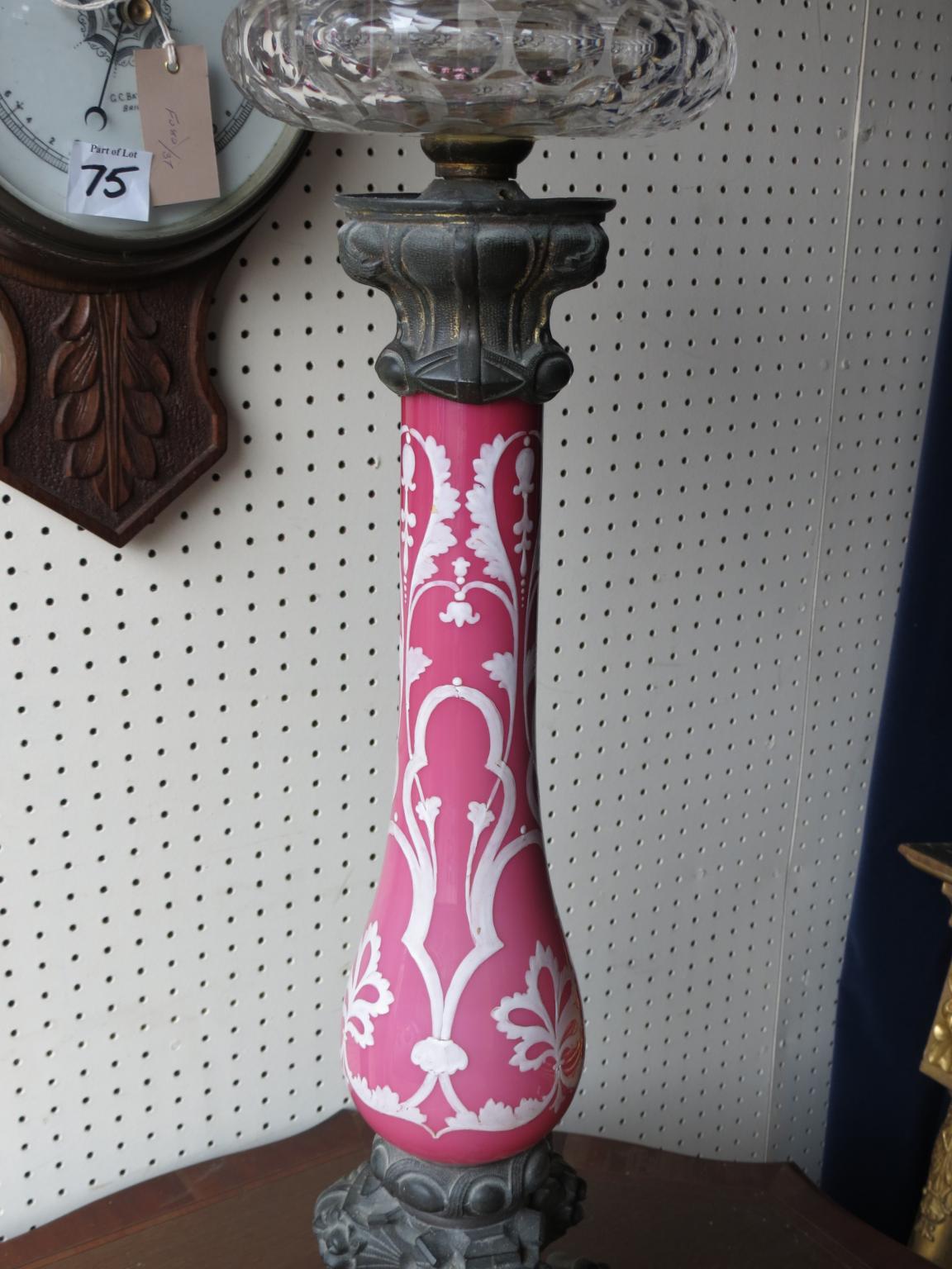 A good late Victorian oil lamp, bulbous-pink glass stem painted with flowers in white enamel, cut - Image 2 of 3