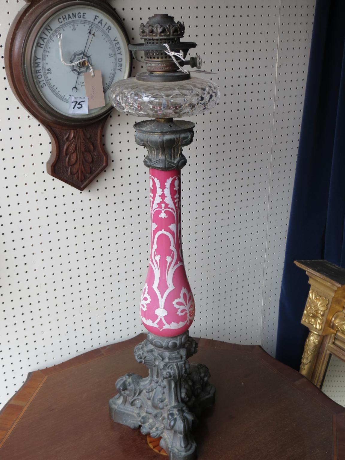 A good late Victorian oil lamp, bulbous-pink glass stem painted with flowers in white enamel, cut