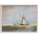 William Tatton Winter (1855-1928) - watercolour, a windmill and cattle, middle distance with further