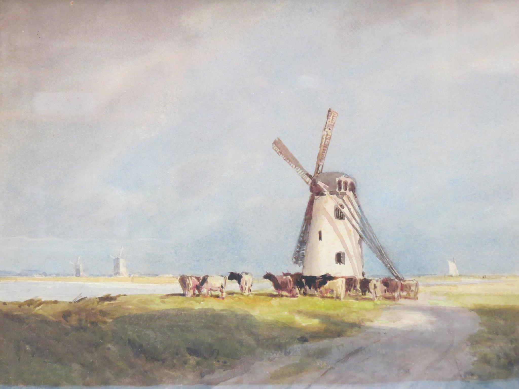 William Tatton Winter (1855-1928) - watercolour, a windmill and cattle, middle distance with further - Image 2 of 4