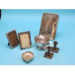 A rectangular silver tray, 11 x 7in., silver pedestal bowl, pair of small silver candlesticks,