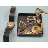 Two 9ct. gold wristwatches, circular marcasite brooch, two gold rings and four other items